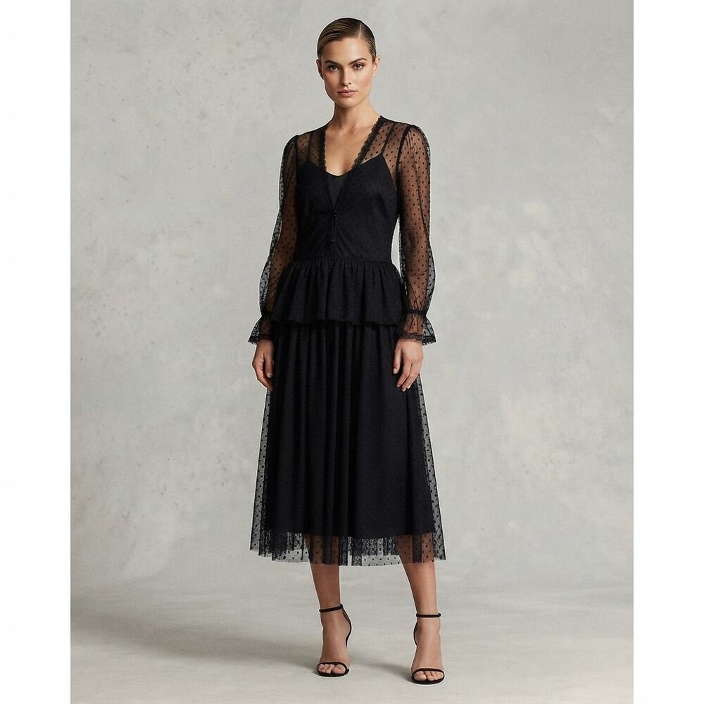 Brenner VINTAGE Sheer Dress Long Sleeve V-Neck Front Button Swiss Dot Lined New